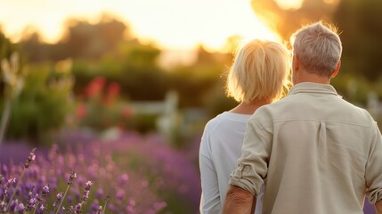 A couple enjoys a peaceful walk together through a beautiful lavender field, bathed in the warm light of the setting sun, suggesting romance and tranquility.