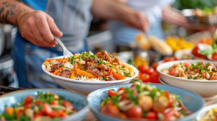 Obraz premium A buffet-style meal features various colorful vegetable salads served in bowls, with a person's hand scooping food in the foreground, depicting a communal dining experience.