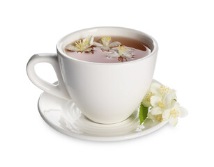Aromatic jasmine tea in cup and flowers isolated on white