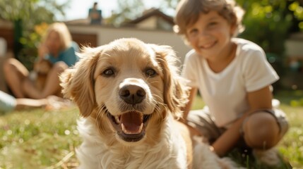 A child and a dog enjoy a relaxing moment together on a sunny day in a grassy backyard, embodying the joy of companionship and the outdoors.