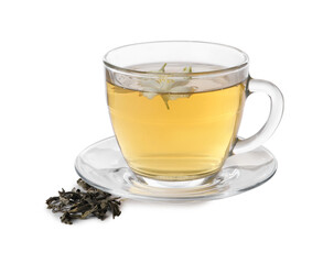 Aromatic jasmine tea in glass cup, flowers and dry leaves isolated on white