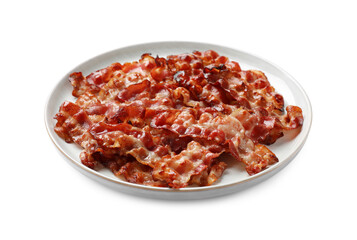 Slices of tasty fried bacon isolated on white