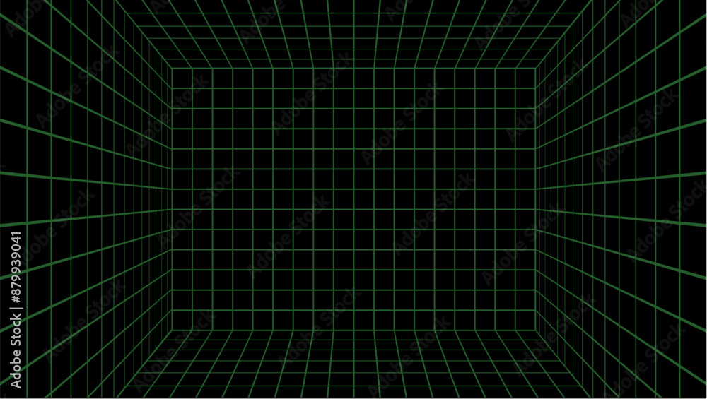 Aufkleber 3d wireframe grid room space background. digital wireframe grid room perspective geometry cube.