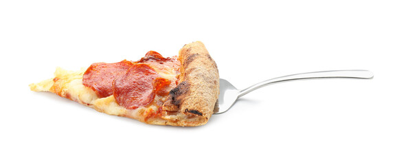 Piece of tasty pepperoni pizza isolated on white