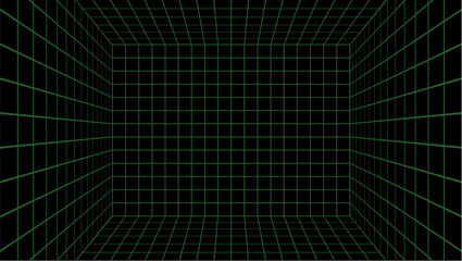 3d wireframe grid room space background. Digital wireframe grid room perspective geometry cube.