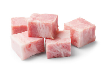 Cubes of raw bacon isolated on white