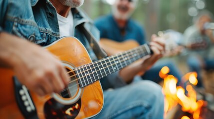 Obraz premium An older man is shown playing a guitar near a campfire with a group of people sitting around him. The image conveys a sense of nostalgia, camaraderie, and the joy of music.