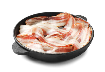 Delicious bacon slices in frying pan isolated on white