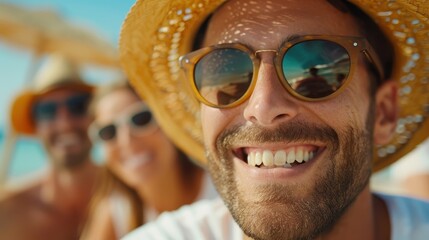 A joyful man wearing a straw hat smiles widely at the sunny beach, capturing the essence of relaxation and happiness during a fun-filled beach outing with friends.