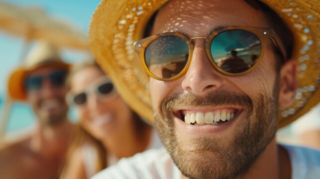 A joyful man wearing a straw hat smiles widely at the sunny beach, capturing the essence of relaxation and happiness during a fun-filled beach outing with friends.