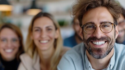 A close-up of smiling friends, all wearing glasses, enjoying their time together in a bright, welcoming environment, highlighting the joy and warmth of close friendships.