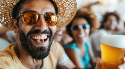 A man wearing a straw hat holds a glass of beer, enjoying a lively gathering with friends in a casual and festive atmosphere inside a bar or restaurant.