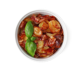 Delicious baked potatoes, bacon and basil in bowl on white background, top view