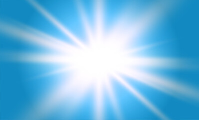 Fototapeta premium Authentic blue sky overlay with light sun rays. Abstract background illustration with white bright lens flare.