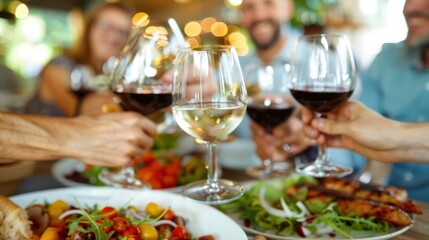 A group of friends raising their wine glasses in a toast at a lively dinner party, featuring delicious food and vibrant conversation, highlighting friendship and celebration.