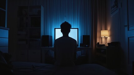 A person sitting alone in a dark room, illuminated only by the glow of a computer screen