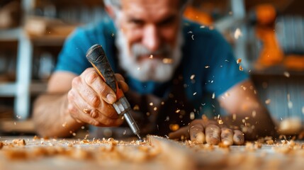 Obraz premium A carpenter engrossed in carving a piece of wood, surrounded by flying wood chips, indicating intense focus and skilled handwork. Suitable for themes of craftsmanship and art.