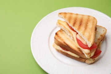 Pieces of toasted bread with melted cheese and tomato on green table, closeup. Space for text