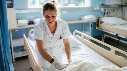 A dedicated nurse wearing gloves makes a hospital bed in a clean and orderly ward, demonstrating the essential care and meticulous attention given to hospital patients.