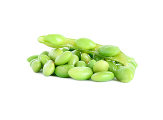 Raw green edamame pod with soybeans isolated on white