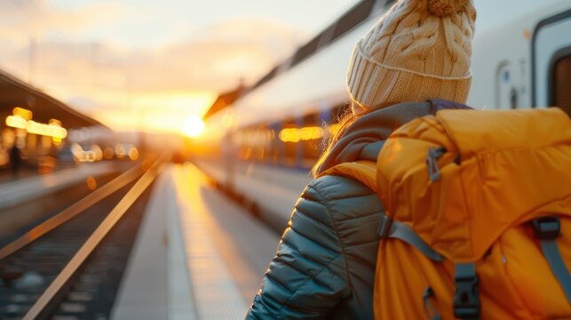 A traveler with an orange backpack waits at a train station at sunset, highlighting the serene moment filled with anticipation as the evening sunlight casts a warm glow.