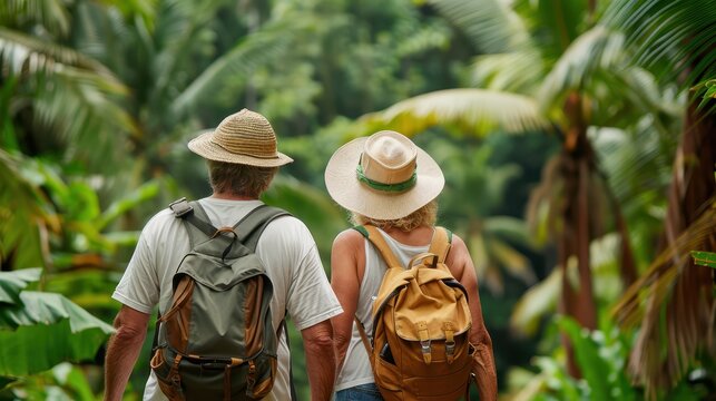 A couple are seen hiking together in a lush tropical forest, carrying backpacks. They are enjoying the outdoor adventure surrounded by vibrant green foliage and palm trees.