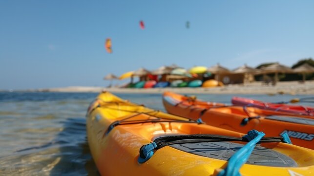 Vibrant kayaks resting on a sandy beach by the clear water, perfect for adventure enthusiasts and those seeking a burst of color in their beachside activities photography collection.