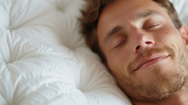 This image shows a close-up of a man resting on a comfortable, soft white bed, exemplifying restful sleep and calm, with smooth, plush bedding contributing to tranquility.