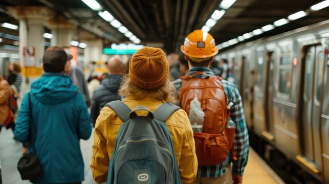 Travelers and commuters are seen standing on a crowded subway platform, wearing various backpacks and attire, highlighting the bustling urban transport environment.