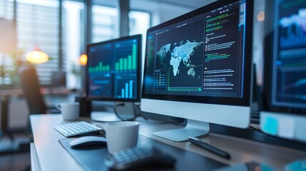 Business computer system is receiving updates online. Software upgrade is in progress.