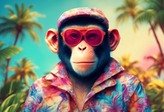clothes sunglasses cool created dressed nft monkey style hawaiian vintage fashion funny ai abstract animal art background beautiful bright burn cartoon colourful