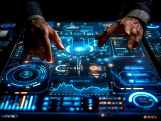 mans hands gracefully navigate a futuristic interface, seamlessly interacting with virtual elements in a mesmerizing display of advanced technology.
