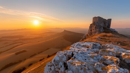 Fototapeta premium A scenic view of an ancient rustic fortress perched on a cliff, captured during the golden hour, with the sun setting and illuminating the expansive landscape below.