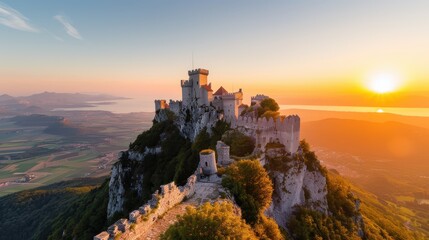 Obraz premium A majestic castle is overlooking a sprawling valley, captured at sunset. The scene illuminates the grand architecture and beautiful, vibrant scenery of the surrounding landscape.