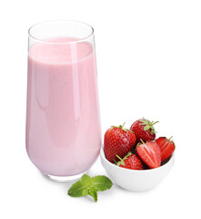 Tasty yogurt in glass, fresh strawberries and mint isolated on white