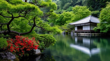 A stunning Japanese garden with a reflective pond surrounded by lush green trees and a traditional wooden building, creating a peaceful and harmonious landscape.