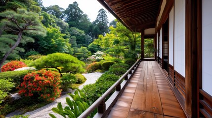A peaceful garden scene with a wooden walkway lined with green foliage and vibrant flowers, leading to a traditional Japanese structure, ideal for calm relaxation.