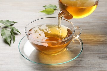 Pouring refreshing green tea into cup at grey wooden table, closeup