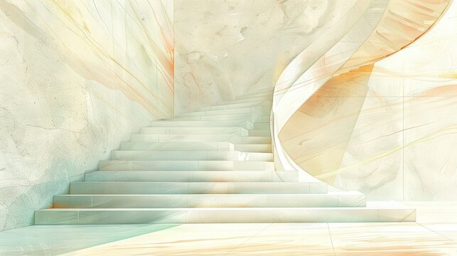   A white-room painting depicts stairs ascending