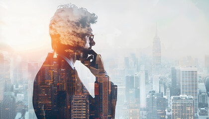Thoughtful businessman on abstract city background. Research and employment concept