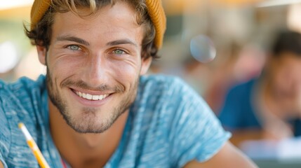 A young man wearing a beanie and casual attire smiles brightly at the camera, sitting in an indoor space filled with energetic and lively atmosphere.