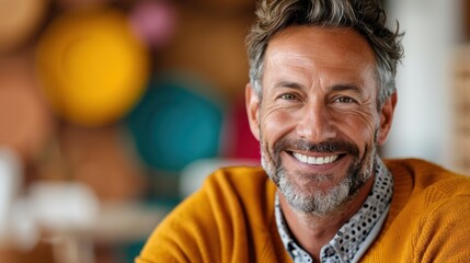 Obraz premium This image features a person wearing a mustard-colored sweater, seated in a cozy, warmly-lit cafe with colorful circular decor elements on the wall in the background.