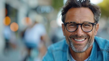 A man with glasses and a neatly groomed beard is smiling warmly at the camera, set against a backdrop of blurred city activity and vibrant lights.