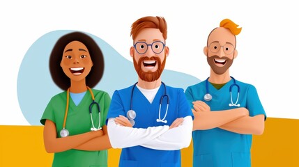 Three cartoon medical professionals, two men and a woman, smiling happily with their arms crossed, representing teamwork, healthcare, and positive work environment.
