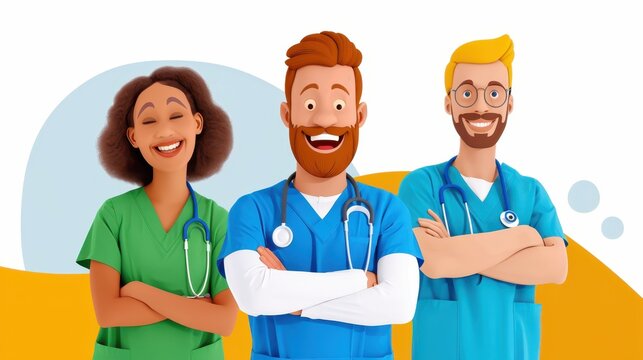 Three cartoon doctors, two men and a woman, smiling together with stethoscopes around their necks, illustrating teamwork, healthcare, and medical professions in a cheerful manner.