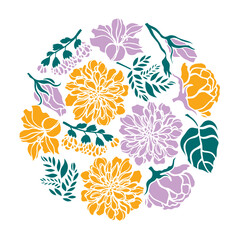 Circle for labels with roses, lilies, chrysanthemums. Vector illustration.
