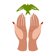 Hands releasing the bird. Symbol of freedom. Vector illustration.