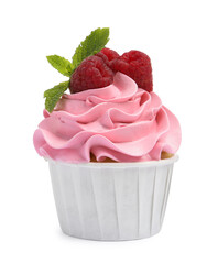 Tasty cupcake with raspberries and mint isolated on white