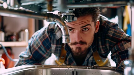 House repair and maintenance: engineering, plumbing, and man mending pipes by a sink. An experienced male plumber or contractor installing or improving house filters.