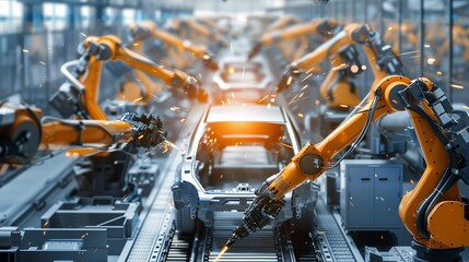 Fototapeta premium Robots on an assembly line build electric cars with 5G and AI technology. The AI monitors the production to improve efficiency.